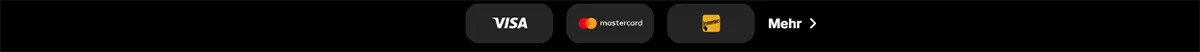 Payment methods row showing Visa, Mastercard, and Jeton icons alongside a “Mehr” link on a dark background.