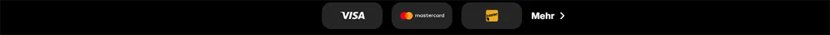 Payment methods row showing Visa, Mastercard, and Jeton icons alongside a “Mehr” link on a dark background.