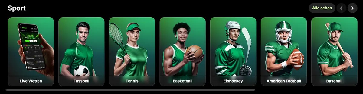 Sports category row featuring live betting, football, tennis, basketball, ice hockey, American football, and baseball on a dark green sportsbook interface.