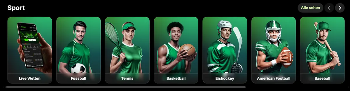 Sports category row featuring live betting, football, tennis, basketball, ice hockey, American football, and baseball on a dark green sportsbook interface.
