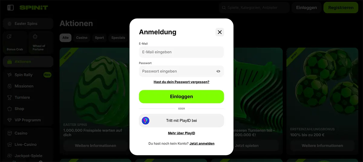 German casino login popup with email and password fields, a bright green “Einloggen” button, password recovery link, and a PlayID sign-in option over a darkened promotions page.